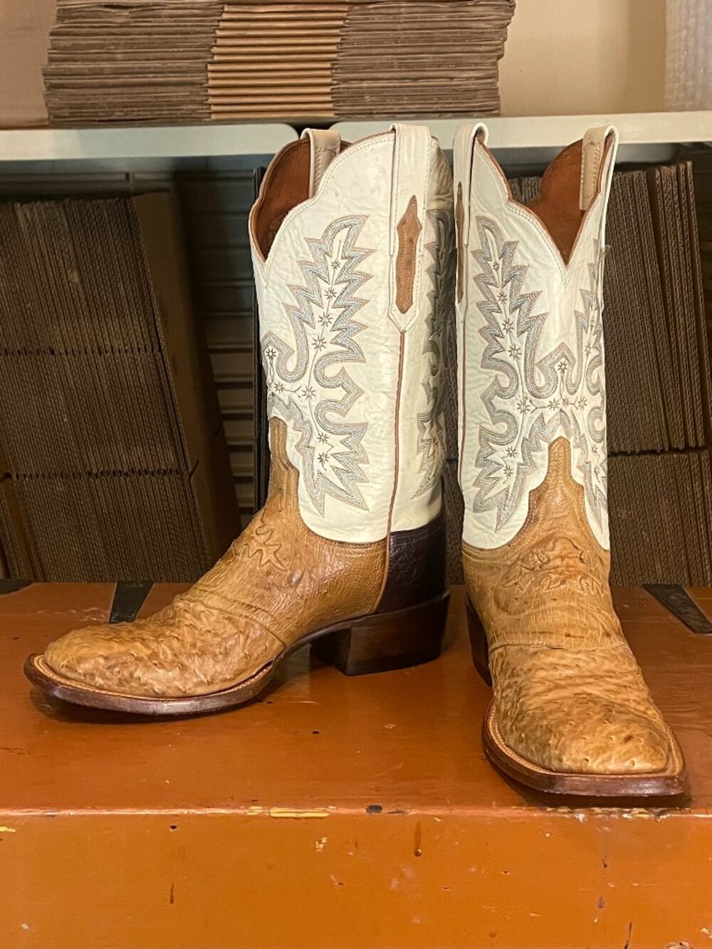 LUCCHESE Women's Size 10 B Exotic Full Ostrich Bone Tan Chocolate Cowboy Boots - Picture 5 of 10